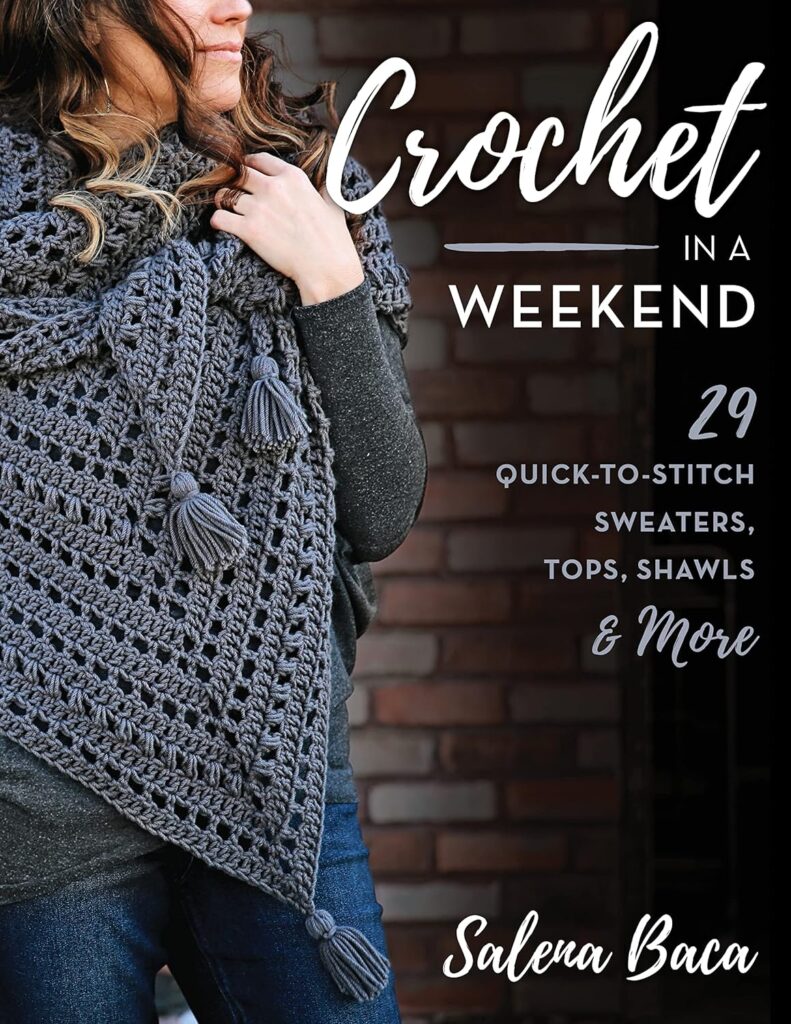 Woman in a grey shawl. Cover of Crochet in a Weekend title
